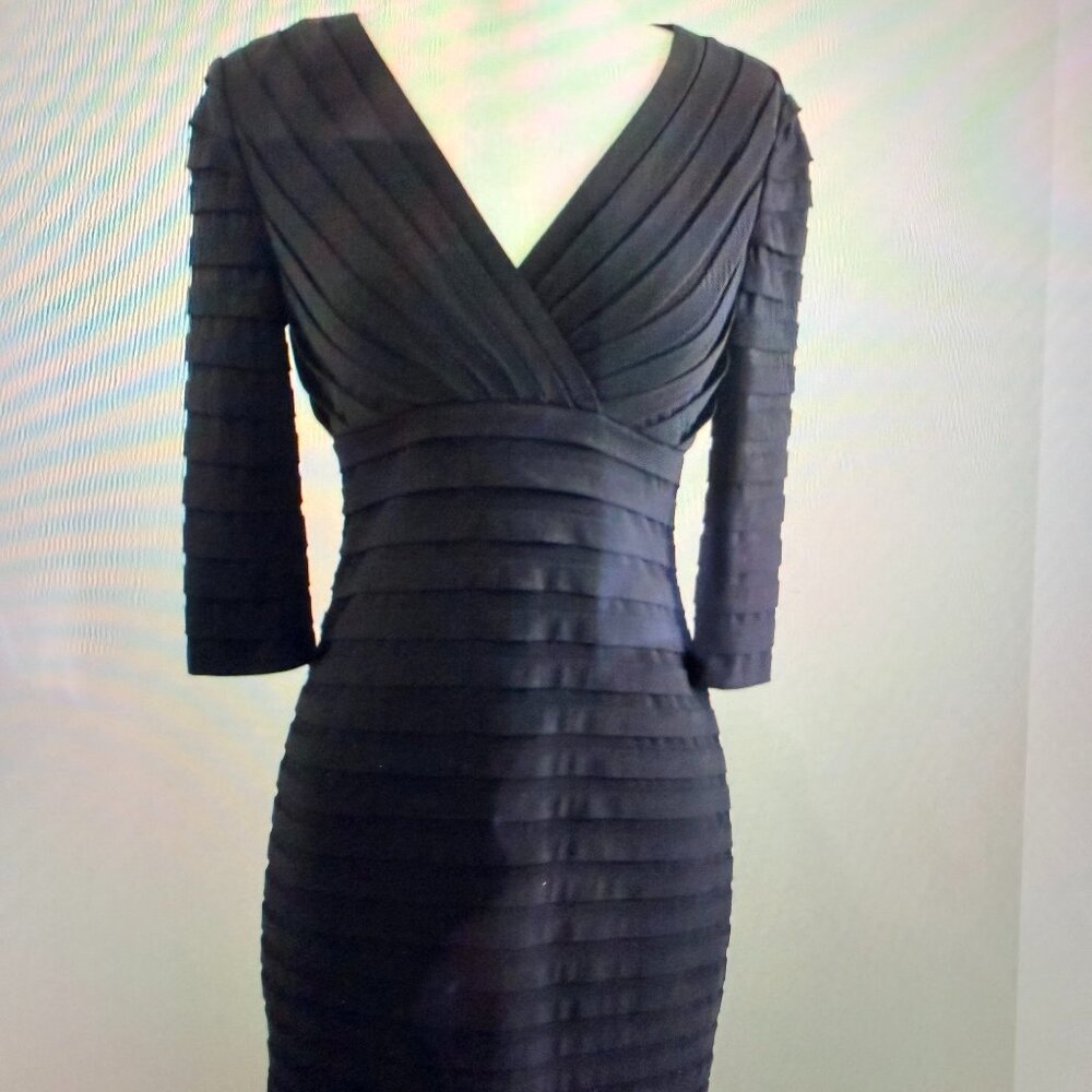 Adrianna Papell Black Layered V-Neck Midi Dress